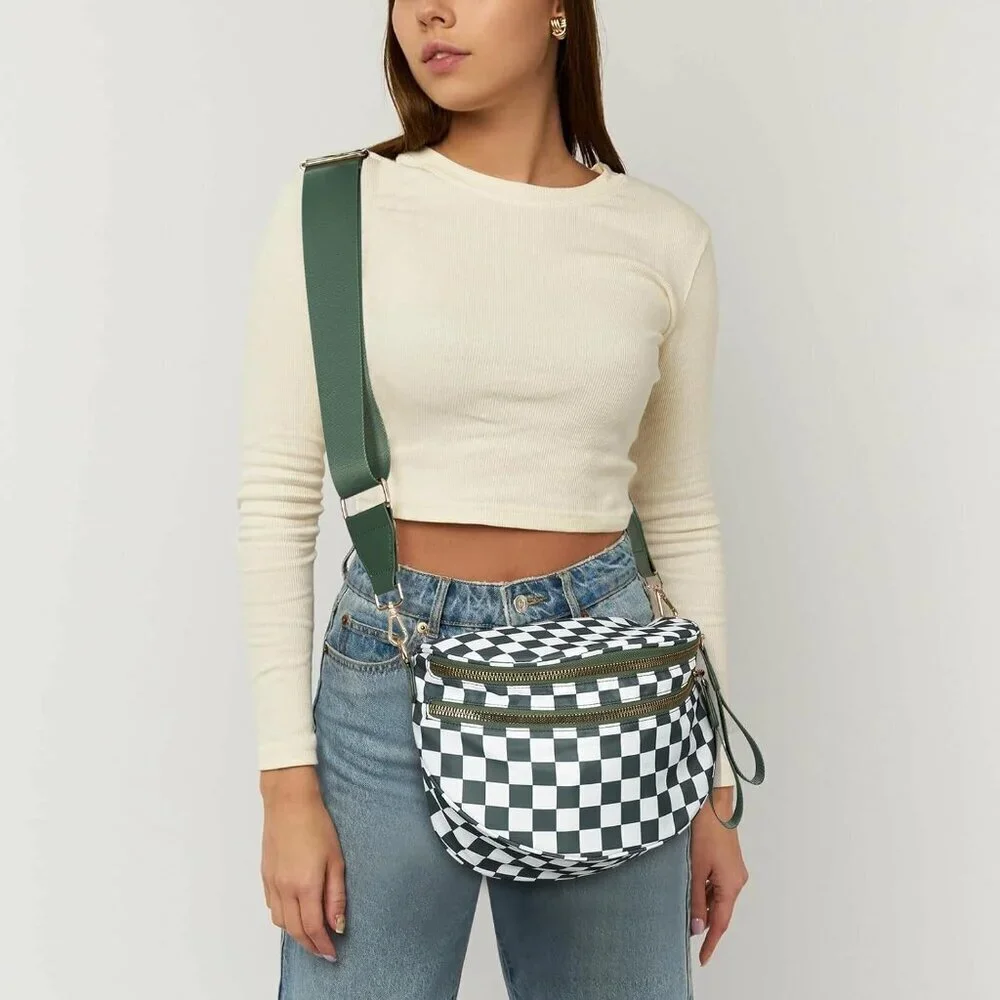 Checkered Nylon Crossbody Bag for Women Adjustable Strap Waterproof